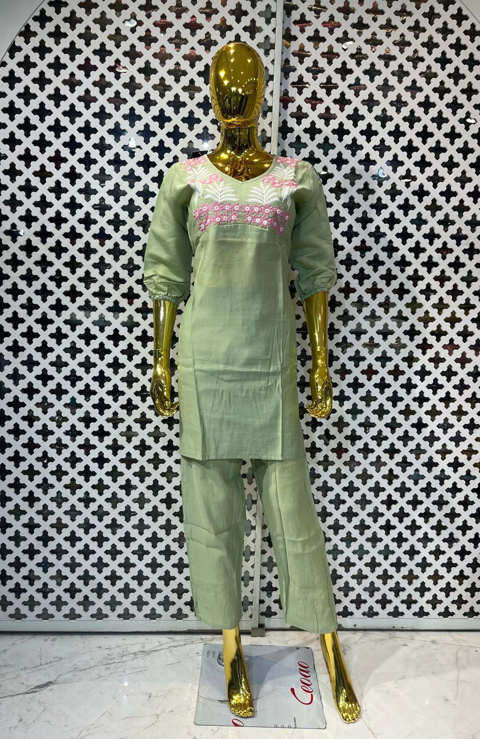 Pista Green Cotton Silk Embroidered Co-Ord Set for Women | Elegant 2 Piece Ethnic Cord Set