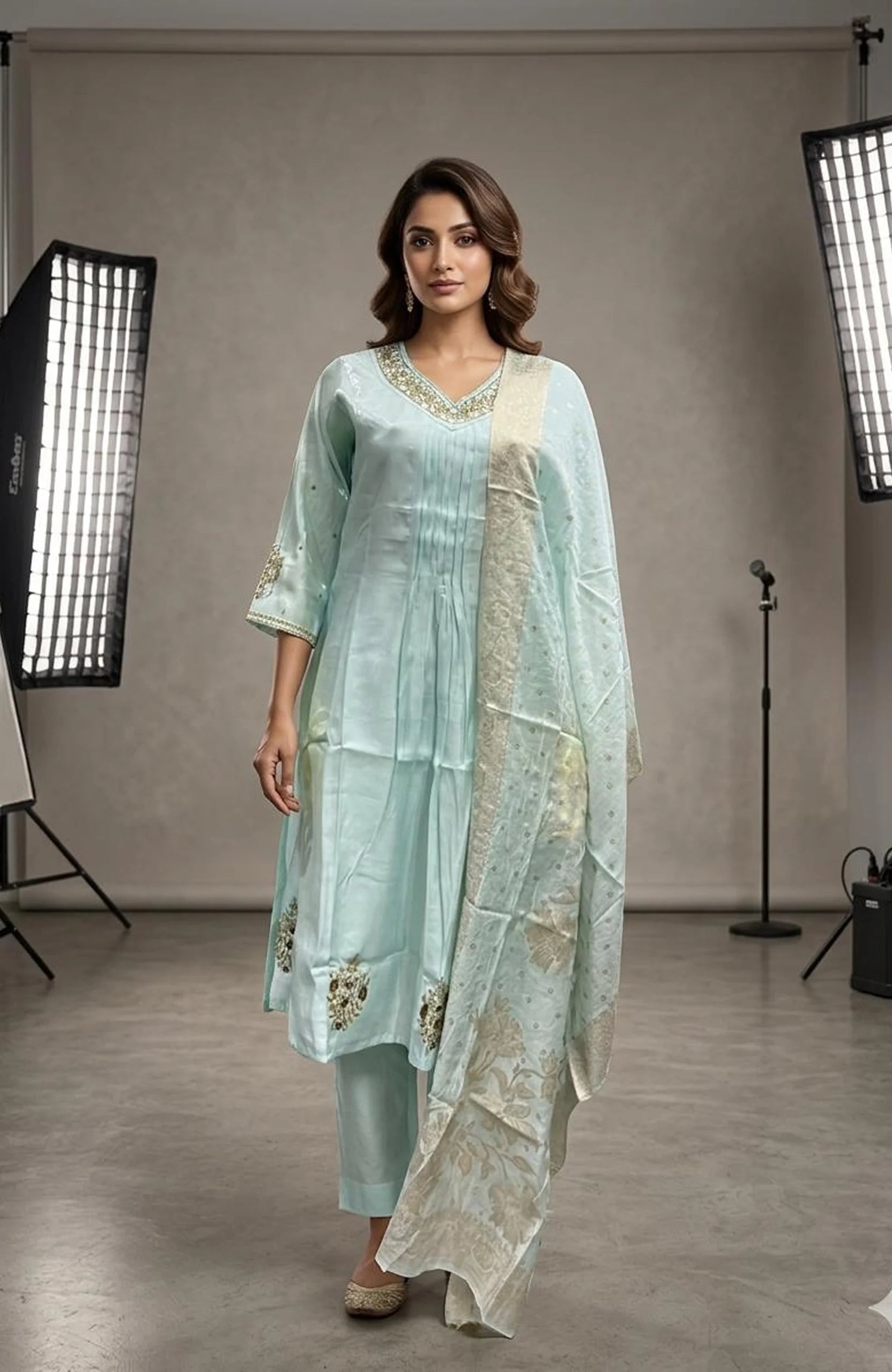 C Blue Organza Handwork 3 Piece Kurti Pant Dupatta Set for Women | Designer Ethnic Wear