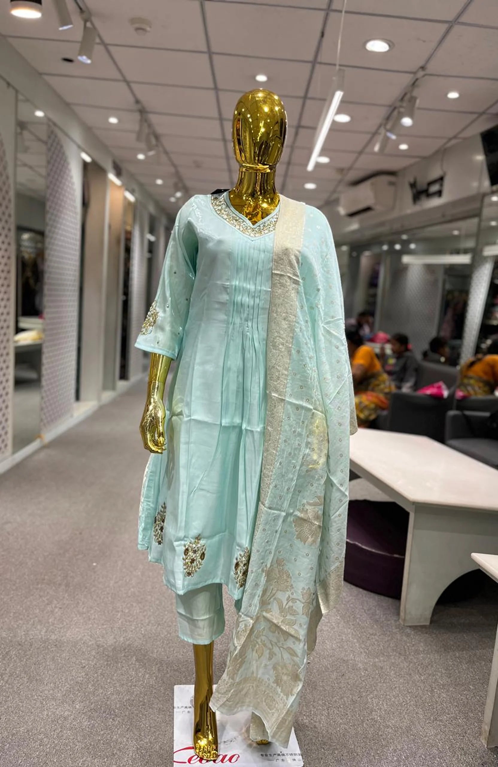 C Blue Organza Handwork 3 Piece Kurti Pant Dupatta Set for Women | Designer Ethnic Wear