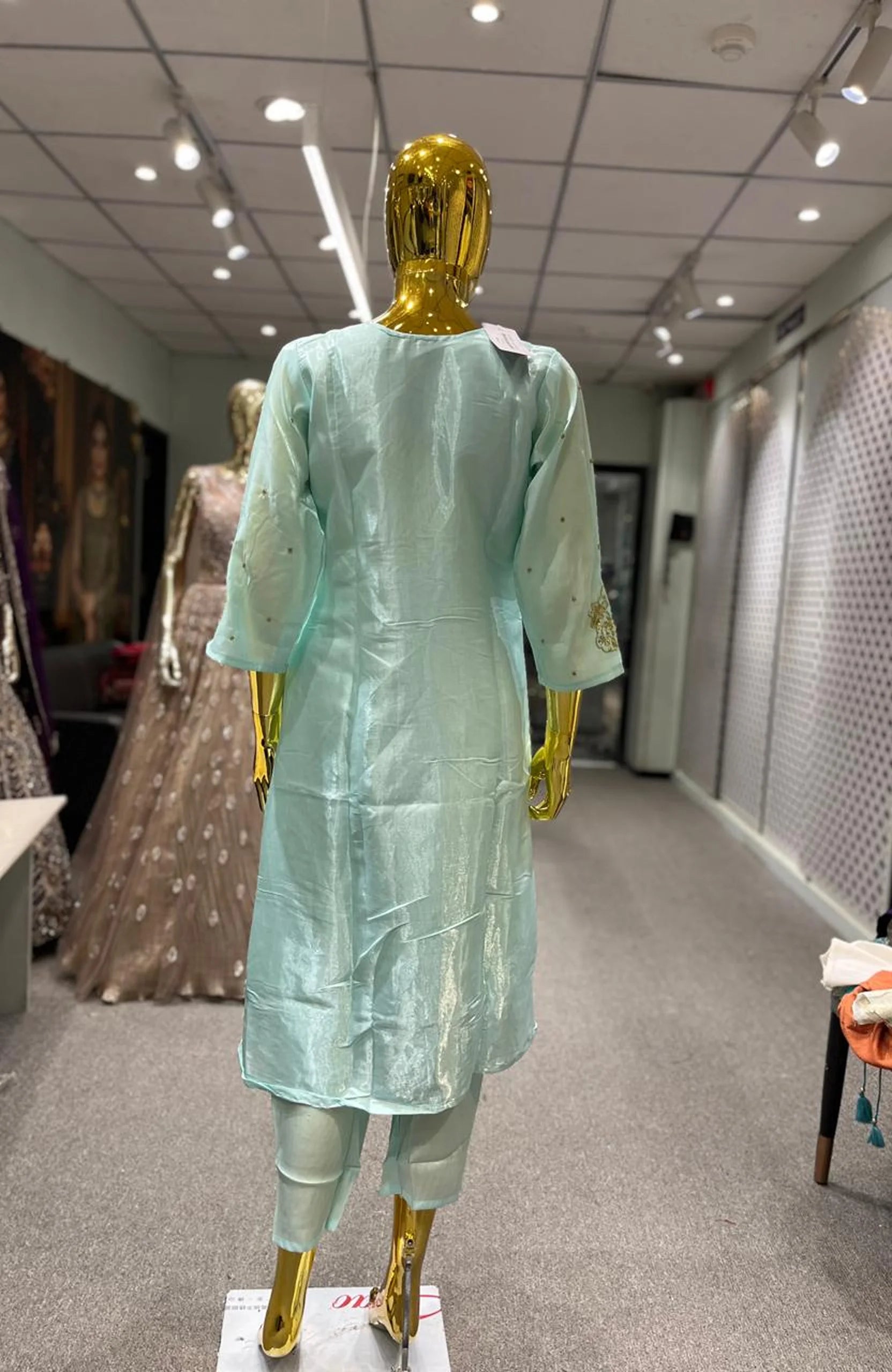 C Blue Organza Handwork 3 Piece Kurti Pant Dupatta Set for Women | Designer Ethnic Wear