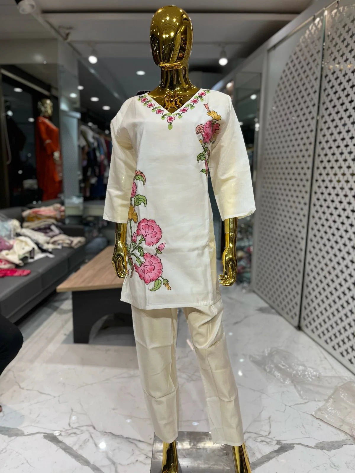 Cream Silk Cotton Handwork & Printed 2 Piece Cord Set for Women | Designer Ethnic Co-ord Set