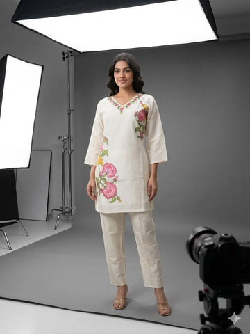 Cream Silk Cotton Handwork & Printed 2 Piece Cord Set for Women | Designer Ethnic Co-ord Set