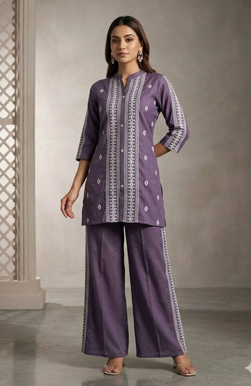 Wine Roman Silk Embroidered Co-Ord Set for Women | Premium 2 Piece Ethnic Cord Set