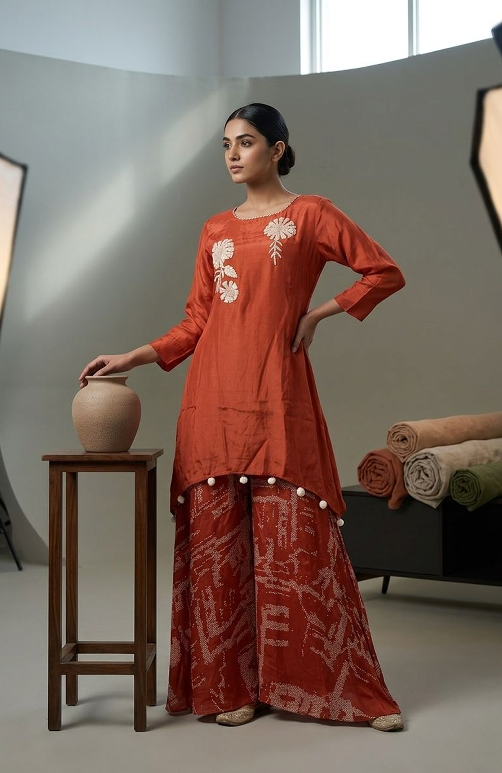Maroon Pure Chinon Bandhej Plazo Set for Women | Thread & Handwork Designer Ethnic Co-Ord Set