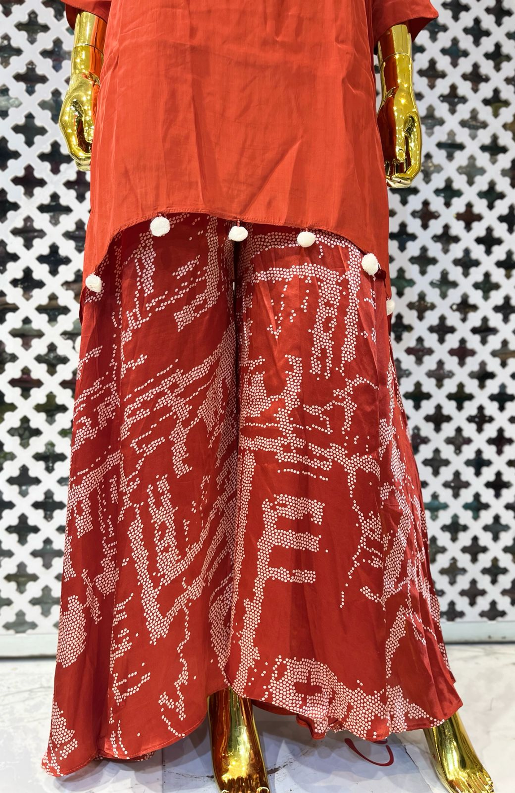 Maroon Pure Chinon Bandhej Plazo Set for Women | Thread & Handwork Designer Ethnic Co-Ord Set
