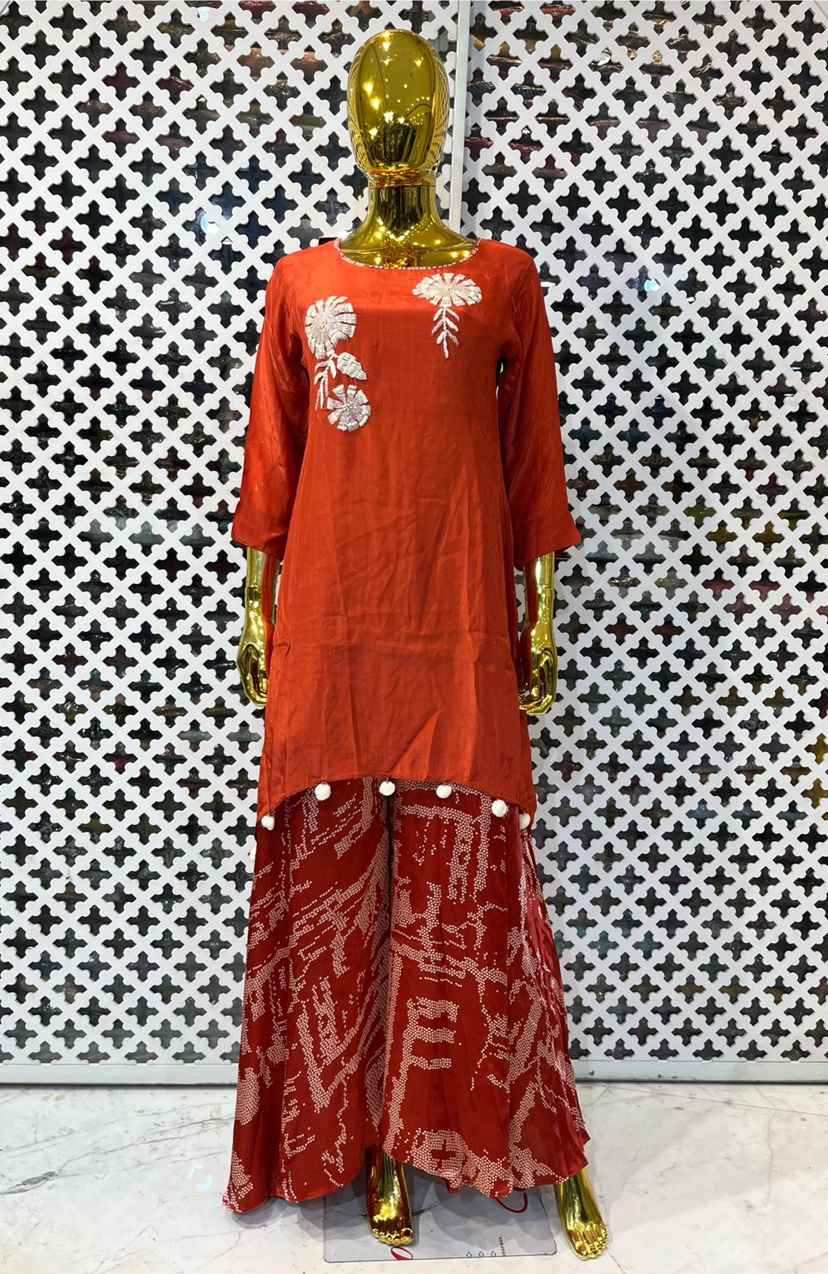 Maroon Pure Chinon Bandhej Plazo Set for Women | Thread & Handwork Designer Ethnic Co-Ord Set