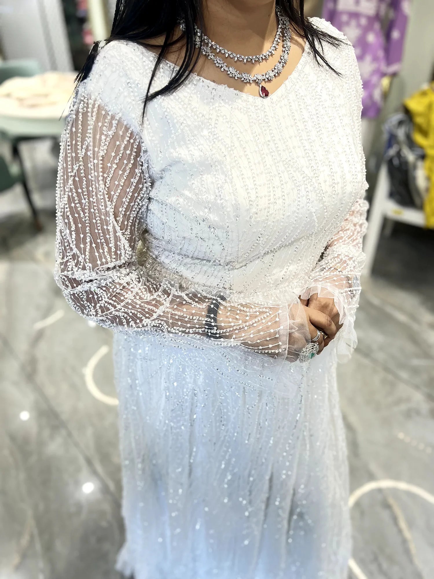 White Sequin With Moti Net Gown - IBGORI 2