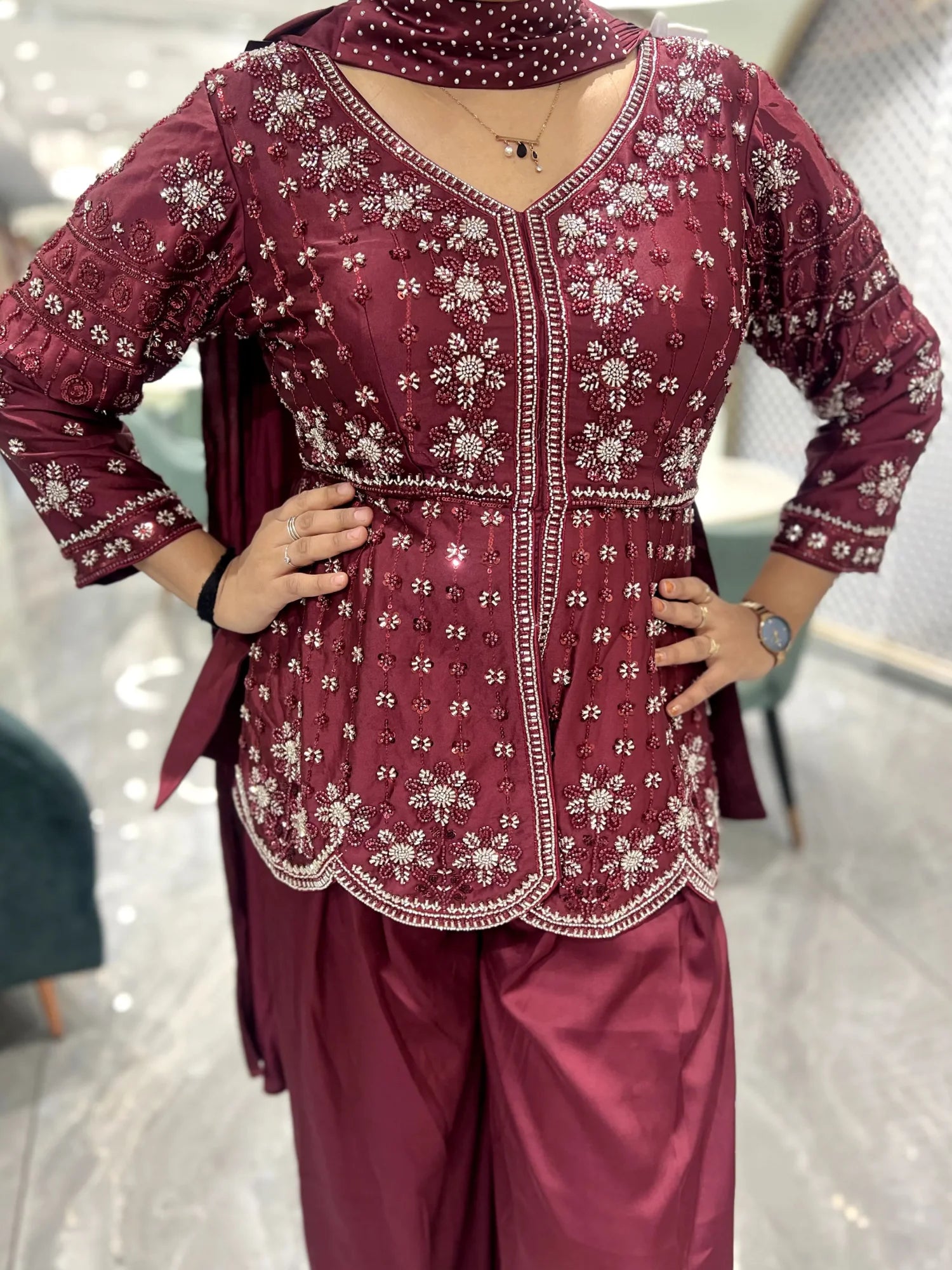 Wine Hand Work Georgette Indo Western - RGORICT 479 7