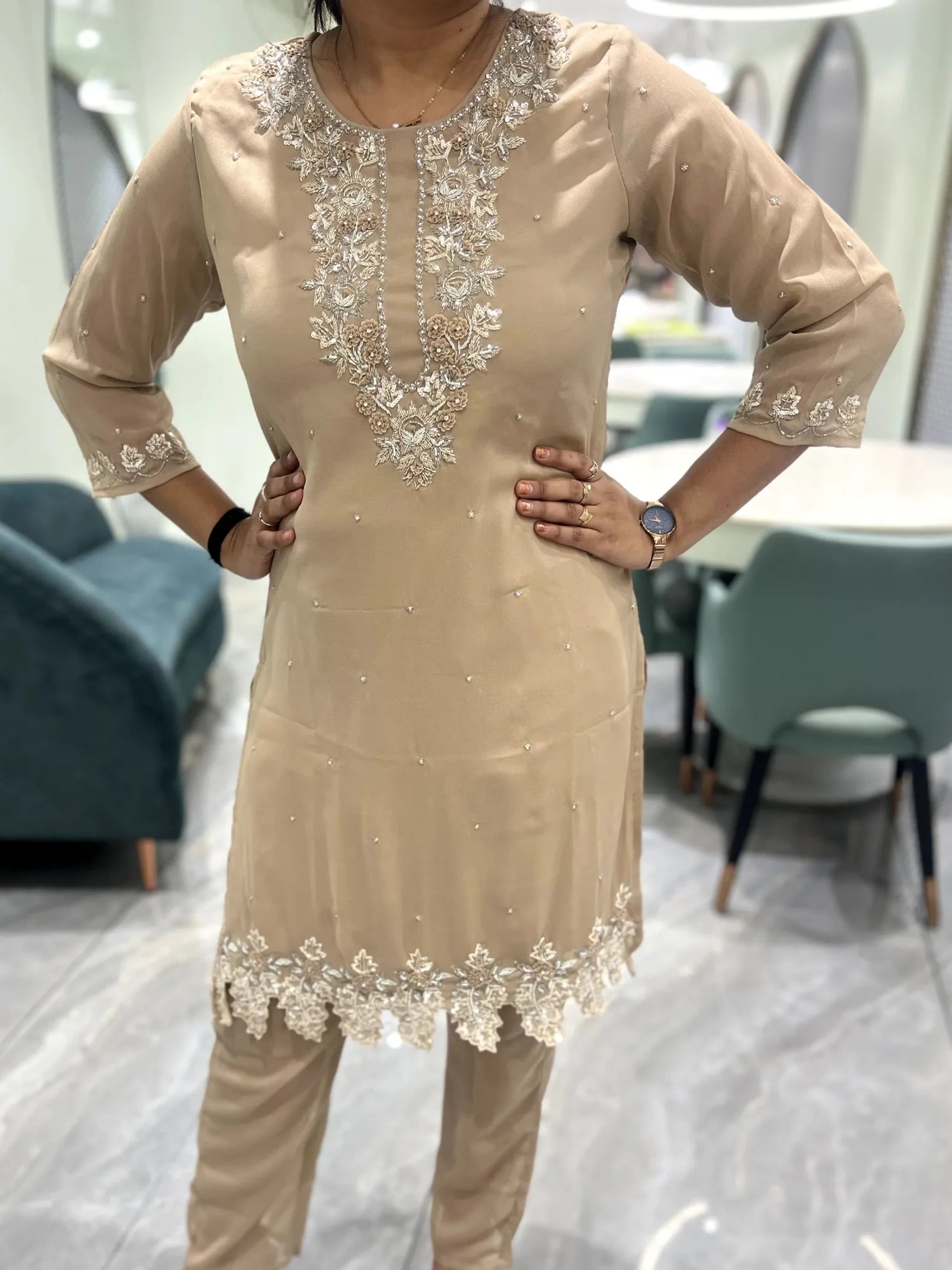 Pastel Brown Hand Work Cotton Silk Two Piece - FALAK G 52
