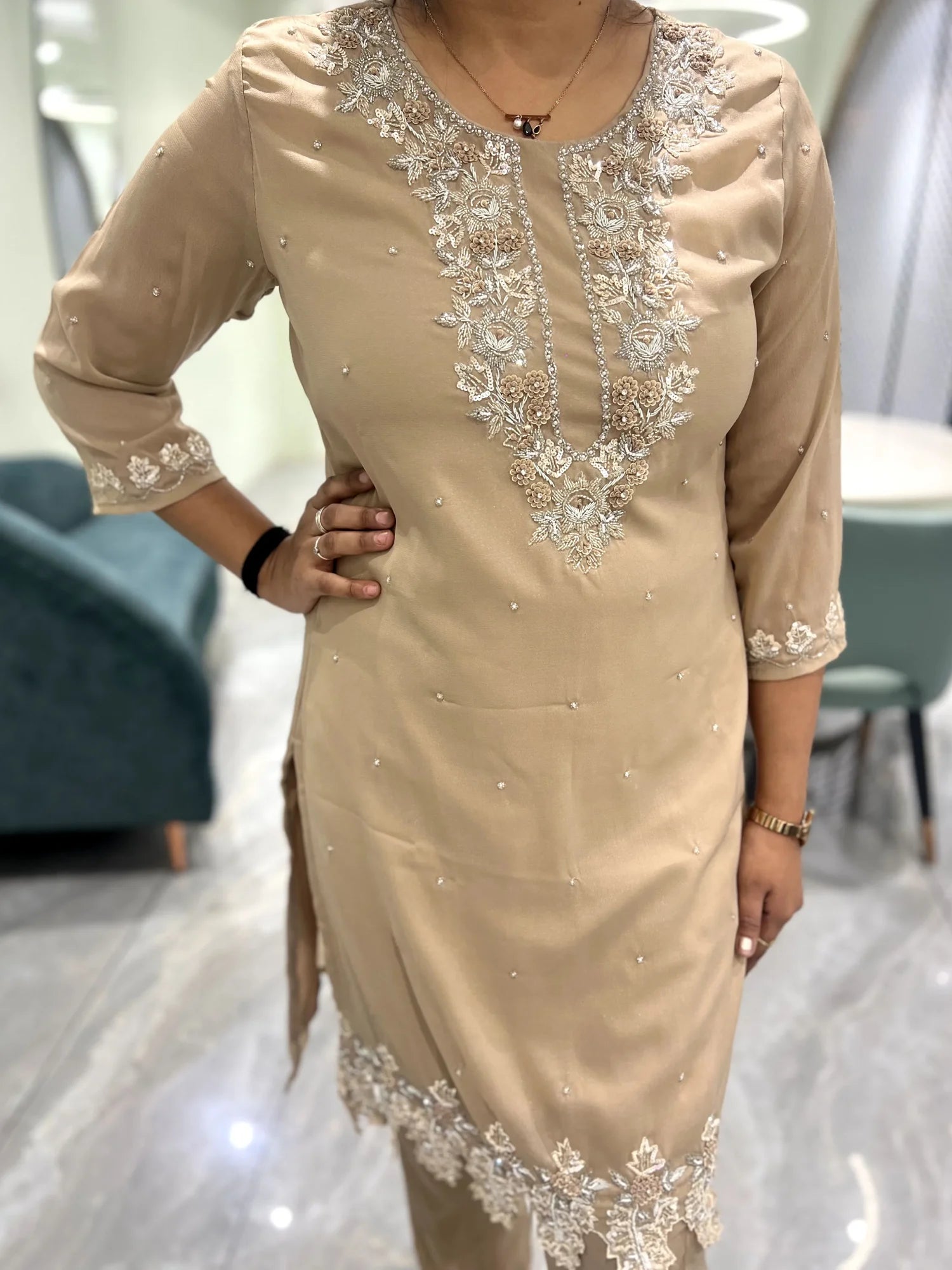 Pastel Brown Hand Work Cotton Silk Two Piece - FALAK G 52